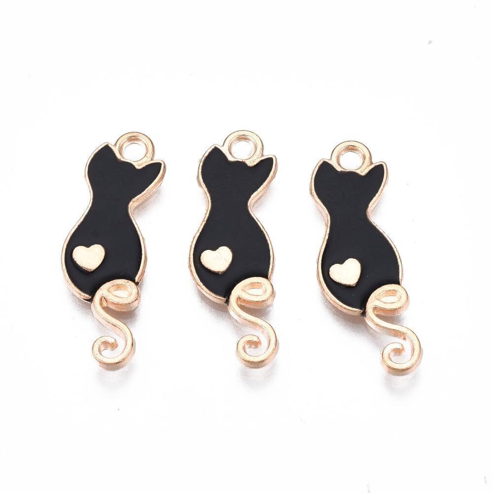 6828 100 pcs Enamel Black Cat With Heart Charms for Bracelet Necklace
